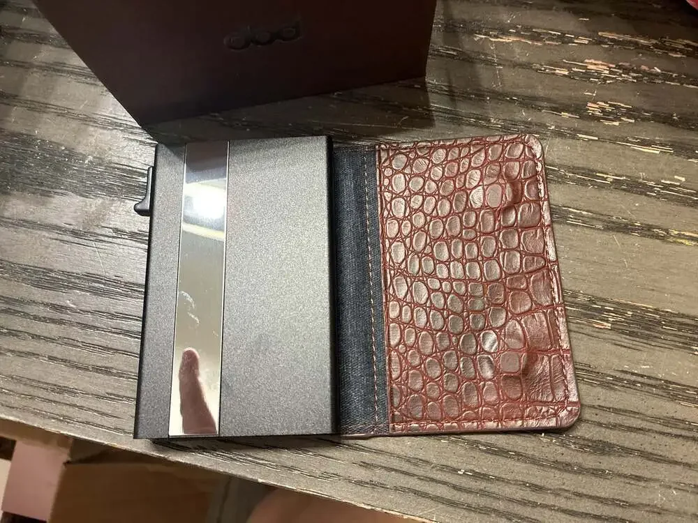 DOD Brown Embossed Leather RFID Blocking Pop-Up Credit Card Holder Wallet